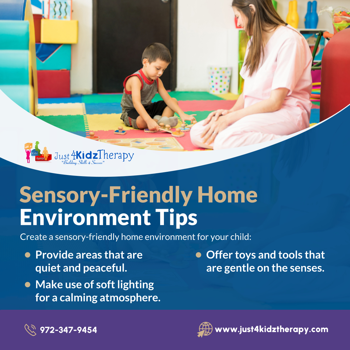 Transform your home into a supportive environment for your child with these sensory-friendly tips. Start implementing them today! 

#CollinCountyTX #PediatricTherapyServices #SensoryFriendly #HomeEnvironment #ChildDevelopment