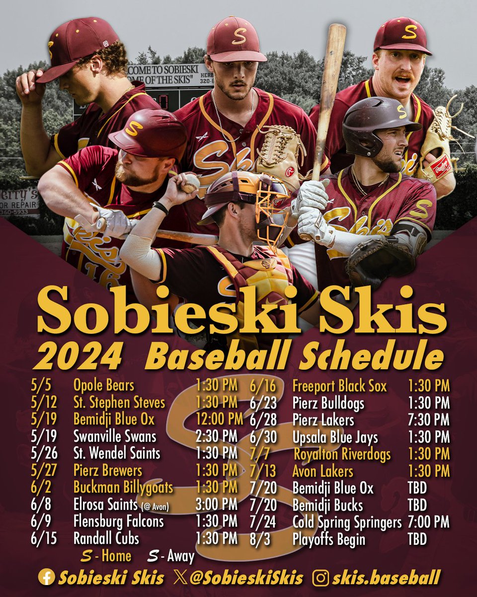 💥2024 Sobieski Skis Schedule💥

Mark your calendars and we will see you at the ballpark!! Season is right around the corner. 🍻🍻 Follow our various social media platforms for any schedule updates or changes!!

#skiski #boysofsummer