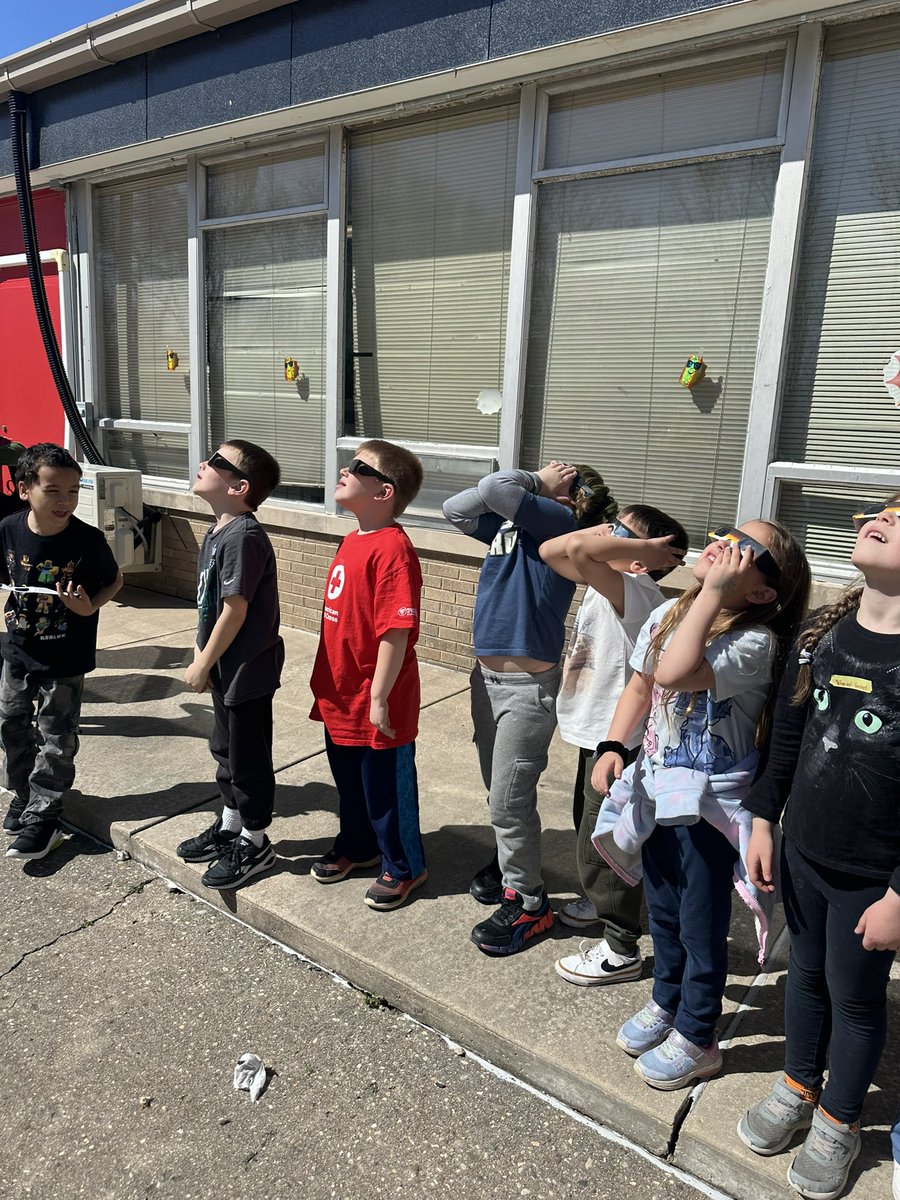Mrs. Gilles’ First Graders watched in amazement as they observed the 2024 Eclipse!!!    It was so much fun watching the Eclipse with each other as a class!! #Allin #CantStopWontStop #PrideandExcellence