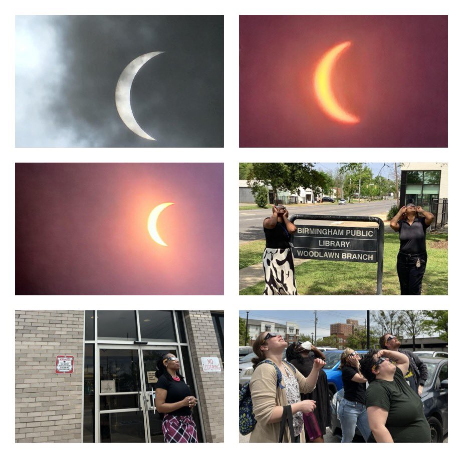 Birmingham Public Library staff photos of today's solar eclipse. BPL provided free solar eclipse glasses for patrons. The top photos were taken by Trinity Dix-Patterson of Wylam Library. The others are of staff viewing the eclipse from Woodlawn Branch Library and Central Library