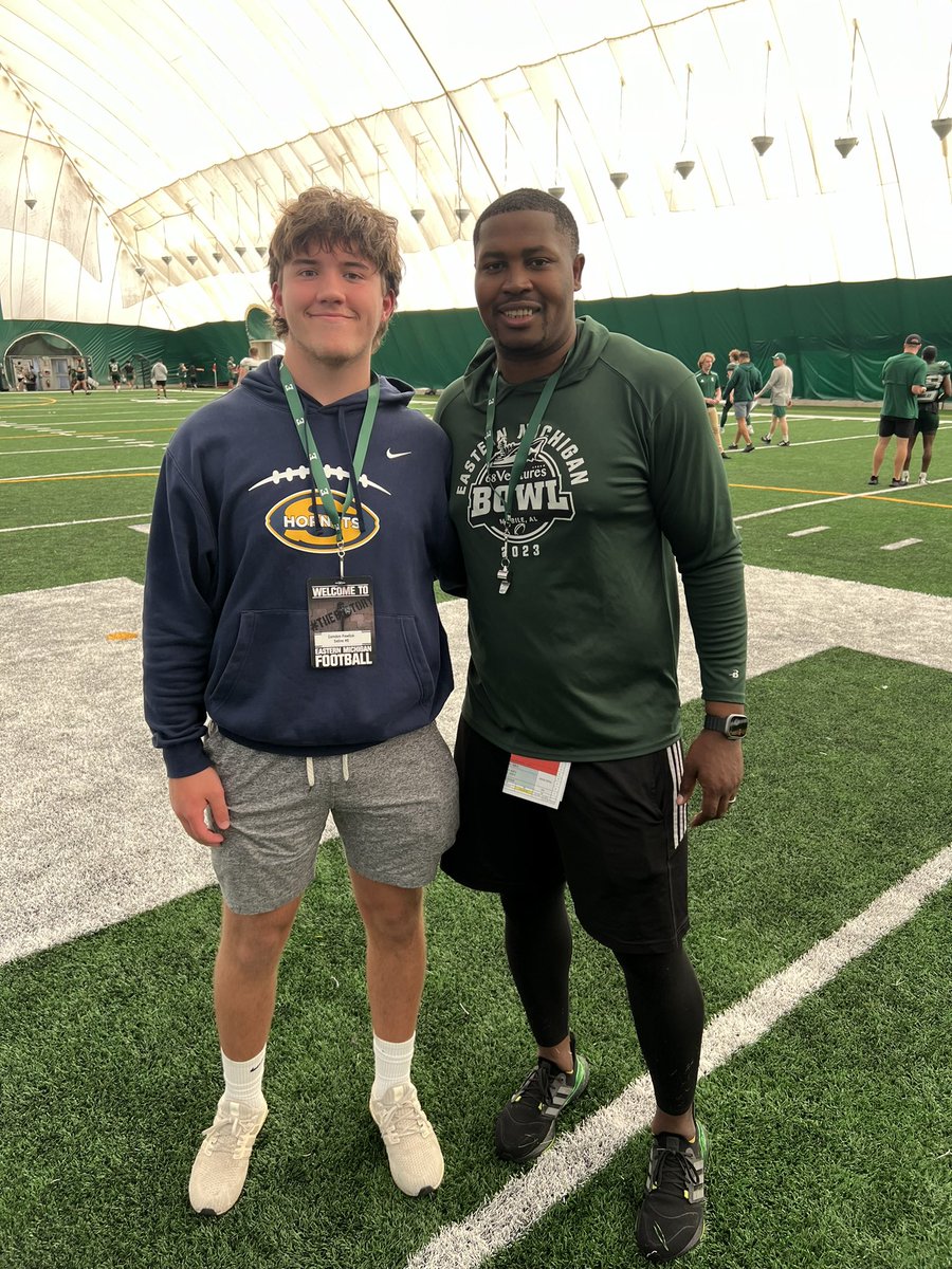 Had a blast at EMU today visiting with the staff and seeing the facilities. I can’t wait to get back on campus! @Coach_Creighton @EMUFB @EMUFBRecruiting @CoachBenNeedham @_CoachSteckel @SchillerWilson @CoachShort_ @SalineFootball @alex_pallone @TheD_Zone @PrepRedzoneMI…