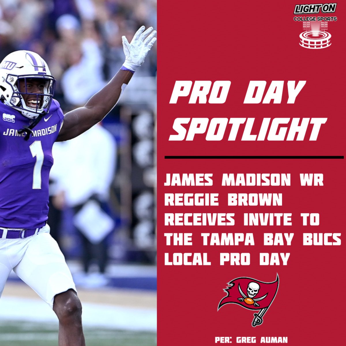 James Madison WR Reggie Brown has received an invite to the Tampa Bay Buccaneers local pro day, per @gregauman . Brown was a 2023 All-Sun Belt 1st team selection. #GoDukes @1rlbjr_ 📸: JMU Athletics