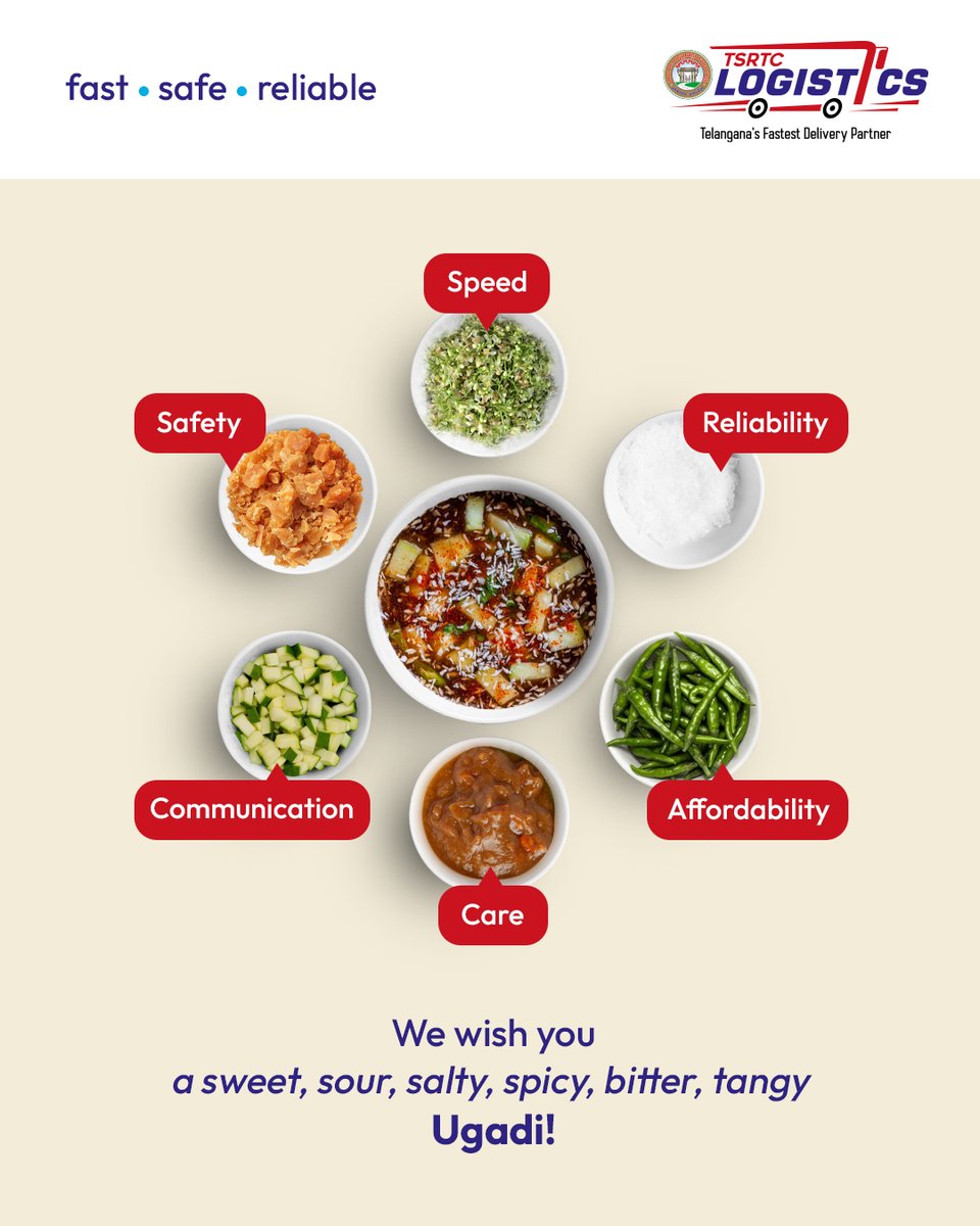 TSRTC_LOGISTICS's tweet image. It takes six different ingredients to make the perfect #Ugadi pachadi.

Similarly, the six values we uphold make us the perfect logistics partner.

Team #tsrtclogistics wishes you a happy and prosperous #Samvatsaradi.

#HappyUgadi #ugadispecial #Telangana #logistics 

@TSRTCHQ