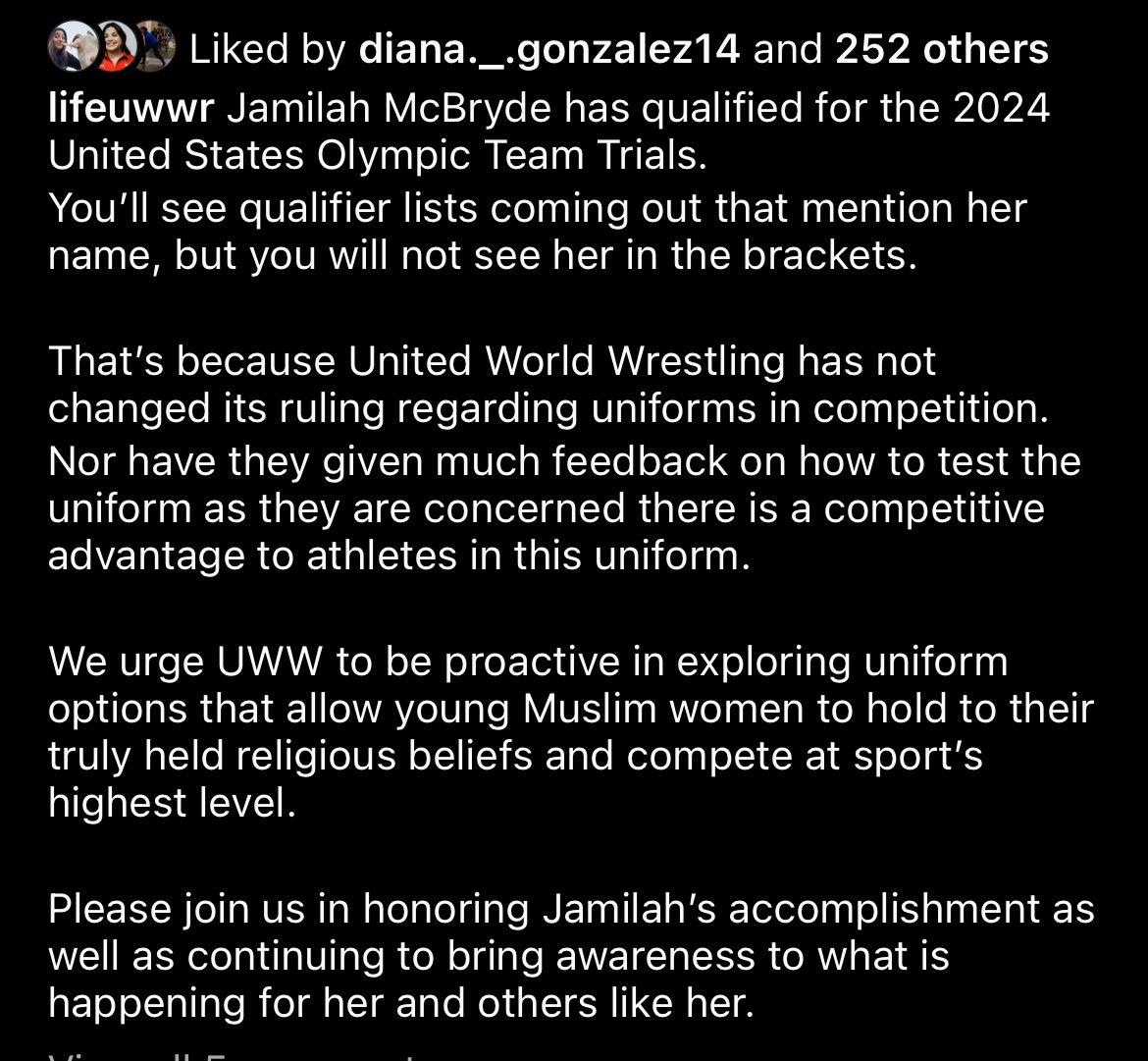 Jamilah McBryde qualified for the 2024 US Olympic Trials, but is unable to compete based on UWW ruling regarding her uniform.