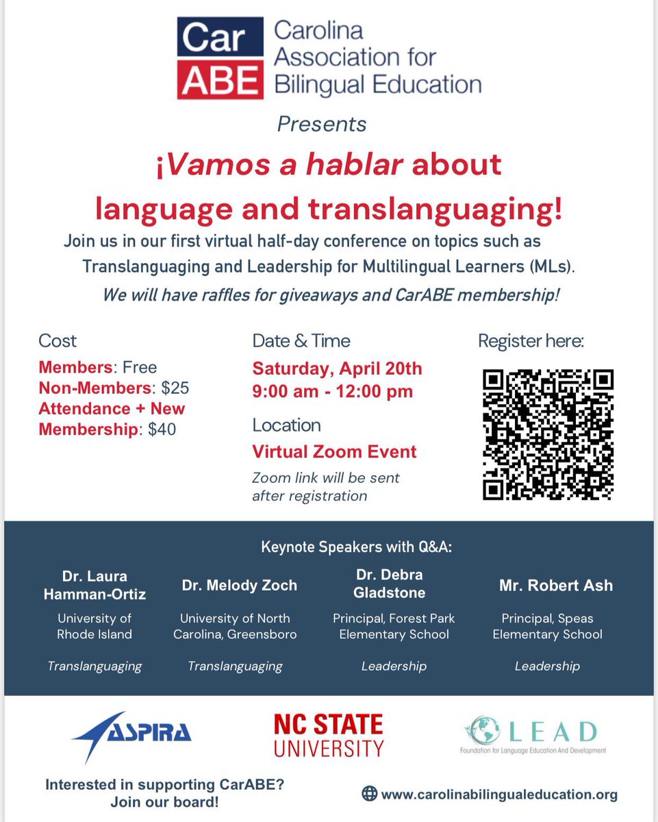 CarABE virtual conference is just right here. Vamos a hablar about translanguaging & leadership.  @ncpublicschools @wsfcs @NCDPI_MLs @ASKNCELA1 @SecCardona @Montserrat_EDU @NCDPI_OEL @NCCATNews  @ParticipateLrng @annmariegunter #Bilingualeducationmatters #MLs #RaisingTheBar