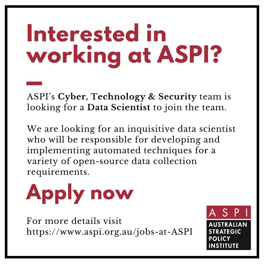 🗓️ JOB REMINDER 🗓️ Applications for @ASPI_CTS Data Scientist close next week! Are you interested in creating and delivering innovative data science analysis on topics in cyber, technology and security? Don't miss out! Apply now 👉 bit.ly/3vx2xe0