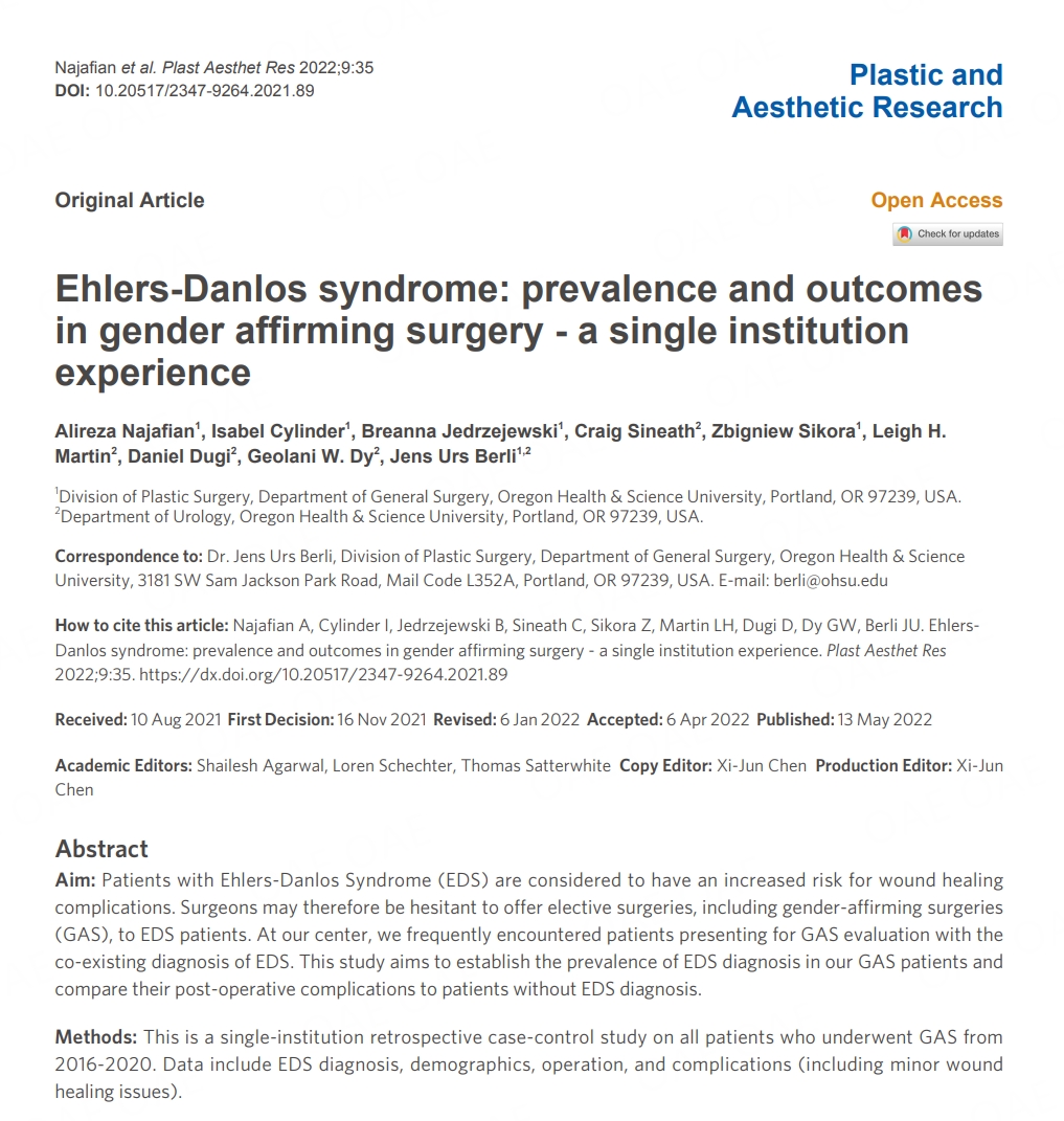 This study aims to establish the prevalence of Ehlers-Danlos Syndrome (EDS) diagnosis in #gender #affirming surgery patients and compare their post-operative complications to patients without EDS diagnosis. 🤵Dr. Jens Urs Berli's team 🔗f.oaes.cc/xmlpdf/e962976…