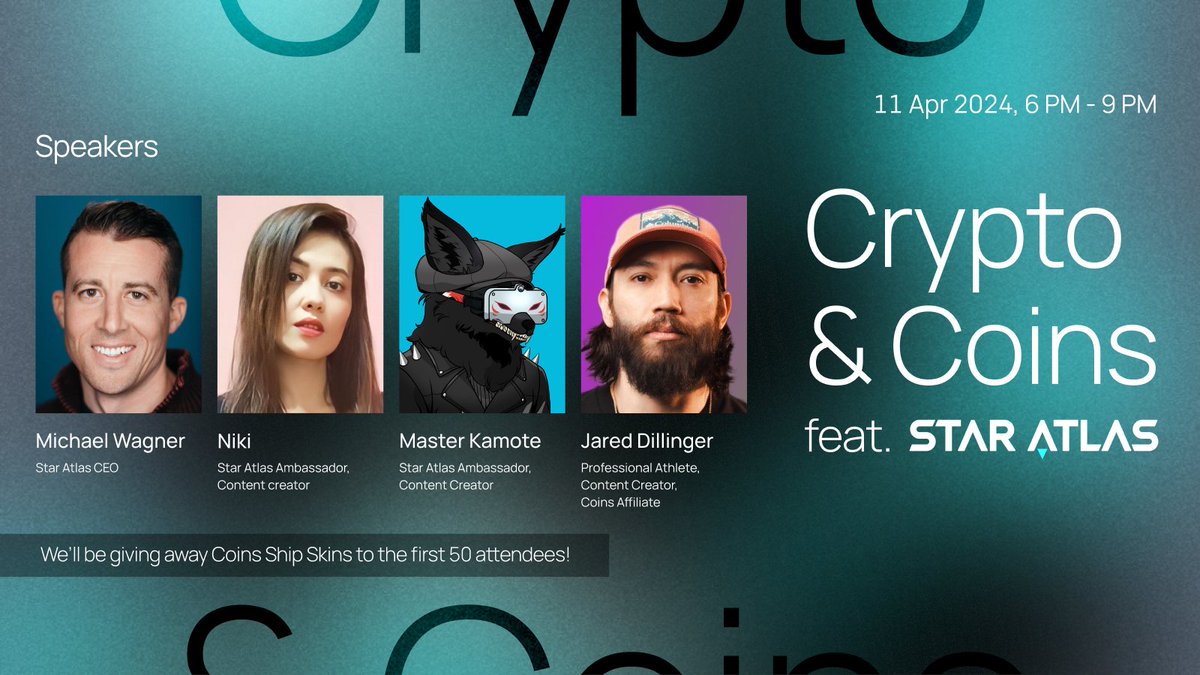 🎉 Save the Date! Crypto &amp; Coins featuring <a href="/staratlas/">Star Atlas</a> on April 11th! 🚀

We'll have <a href="/at_mwagner/">SW4GN3R.ink</a>, <a href="/nikkimetv/">Nikki Me TV</a>, <a href="/masterkamote_/">MK ⛩️</a>, and <a href="/JDaredevil2/">Jared Dillinger</a> to join us! Plus, you can also take home cool prizes and NFTs from Star Atlas!

Limited seats available. Secure your spot now! 👉🏻