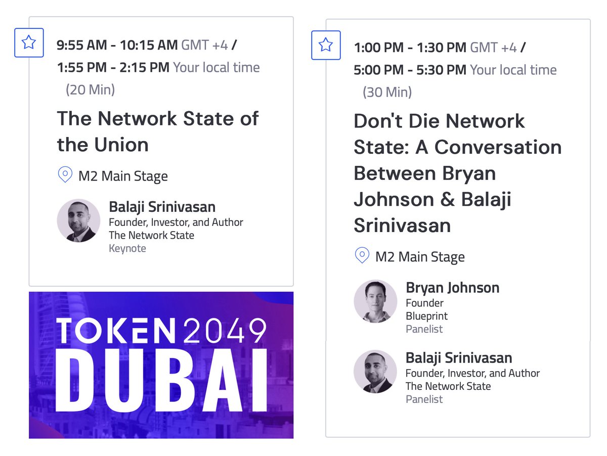I'll be in Dubai next week for @Token2049. It's a rare in-person appearance. I'm giving a talk on the Network State of the Union. And a fireside with my friend Bryan Johnson. We're talking about Moses-meets-Methuselah. Exit the old world — and never grow old.