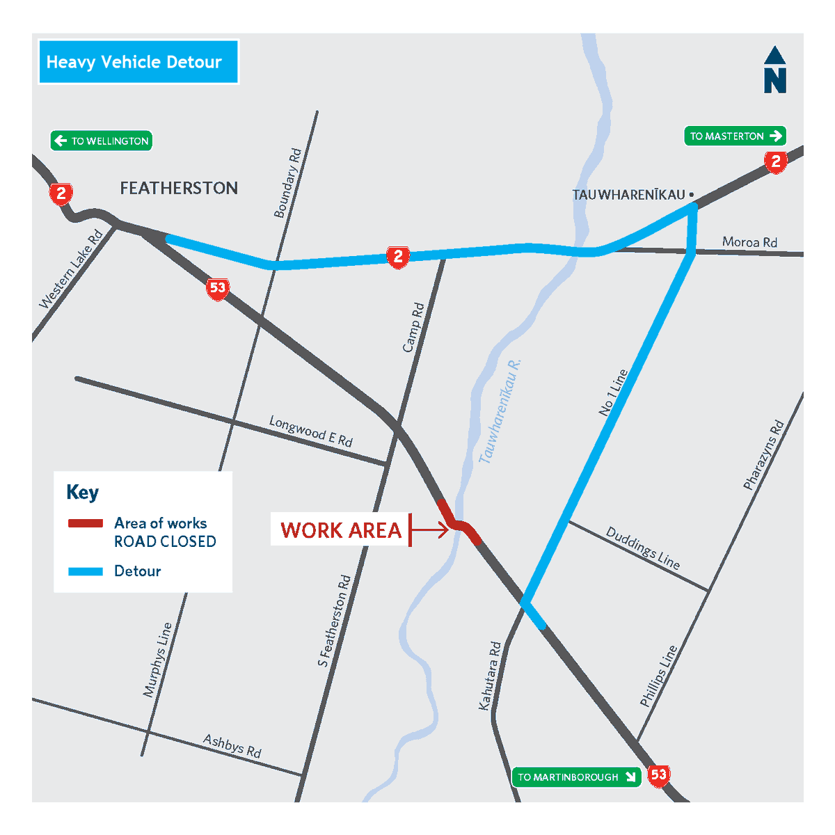 SH53 SOUTH FEATHERSTON – BRIDGE REPAIRS Plan ahead for ROAD CLOSURES between the intersections of Camp Rd and No.1 Line, 7am-5pm each day on Mon 15, Tue 16, Mon 22, Tue 23 April and from Mon 29 Apr to early June. Light vehicles please detour via Camp Rd and No.1 Ln. ^JP