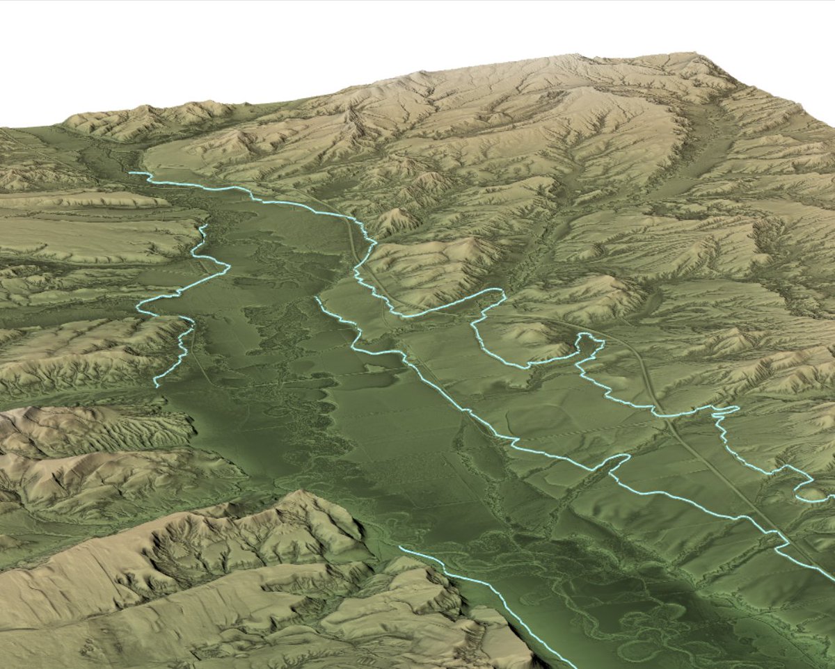 New version with just the topography. Makes it easier to see where the lines representing irrigation ditches are probably a little off, creating an apparent mismatch with topography. But not bad, overall. Nice shading with #rayshader