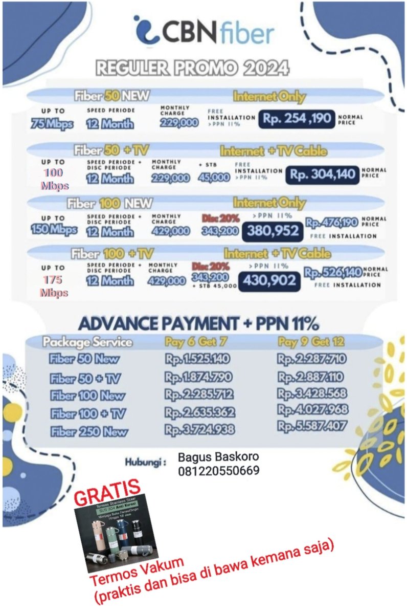 bagusmega996's tweet photo. Mau wifi murah tapi cepet?? CBN Fiber jawabannya 😁 ayoo daftar sekarang juga dan dapatkan BONUS TERMOS VAKUM VIRALNYA sekarang juga‼️ info lebih lanjut langsung WA ke nomer saya, ada di gambar/kolom komentar. Thanks &amp; happy weekand 😁🙏🏼 https://t.co/zm2FQ4SPwy