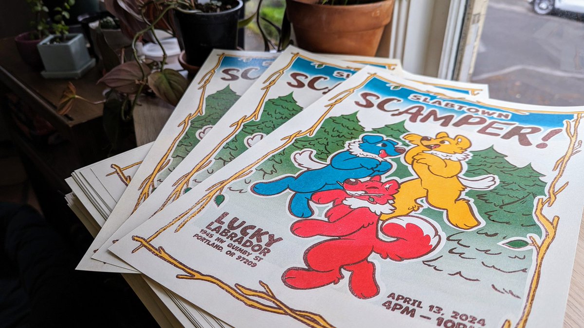 love how these limited edition risographed posters turned out ❤️🩵💛 featuring art by milky and reid, and printed by me - pick one up at @SlabtownScamper in Portland this Saturday the 13th!