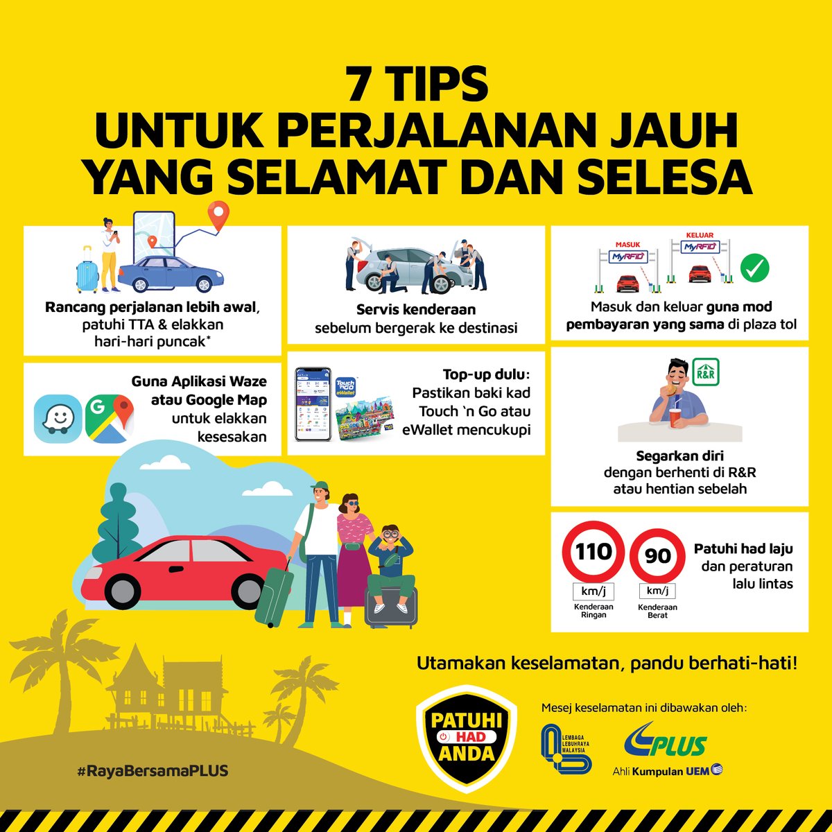 Jika anda sedang merancang untuk memulakan perjalanan jauh di lebuhraya PLUS semasa musim raya ini, amalkan 7 tips berikut untuk keselesaan dan keselamatan kita bersama. #RayaBersamaPLUS #TipPerjalananSelamat #PLUS_Safety #PLUS_Comfort