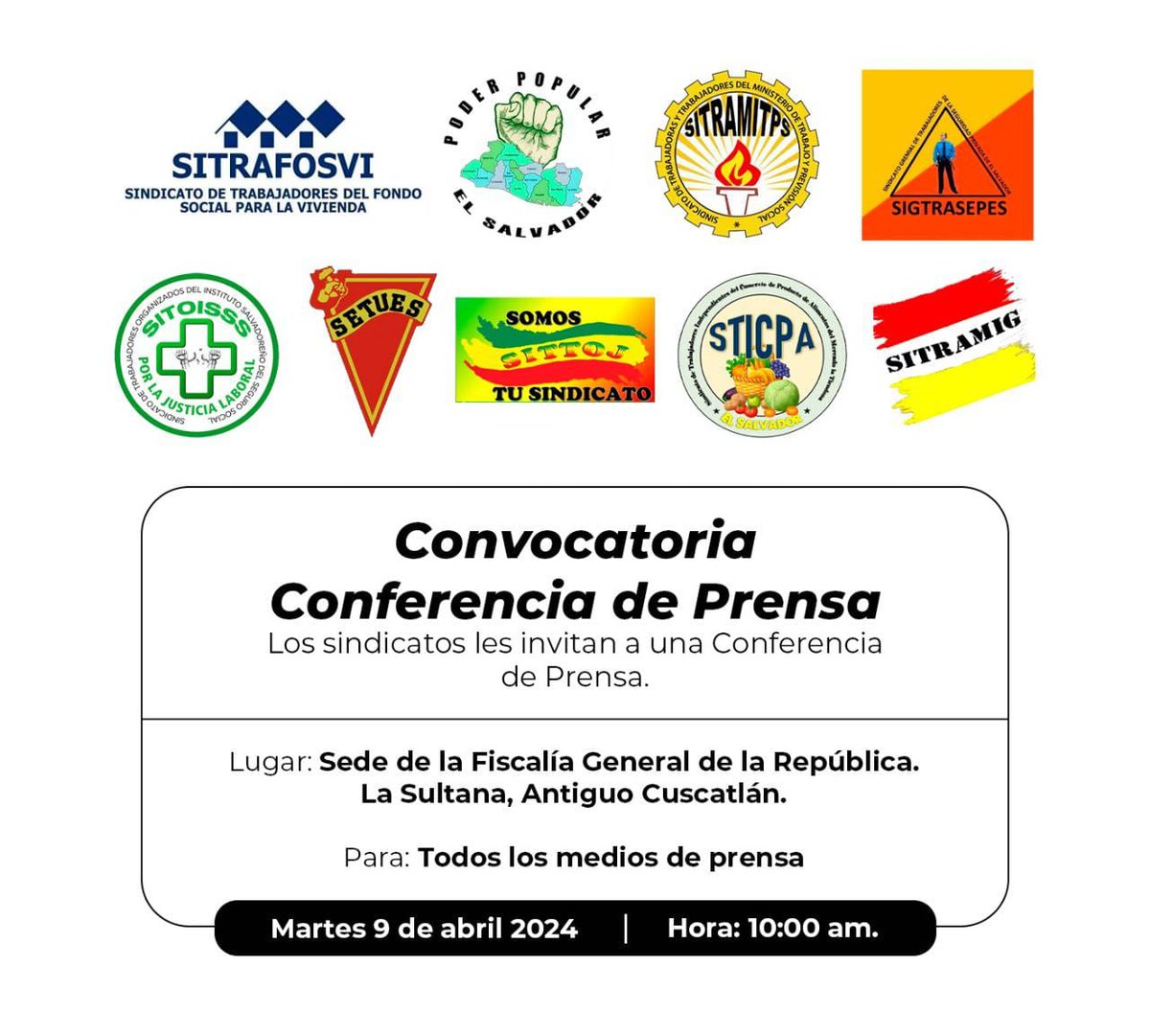 Invito a los medios de comunicacion a dar cobertura a conferencia de prensa @elnoticiero_6 @tcsnoticias @TelenoticiasGMV @teledos_tcs @TVMElSalvador @DiarioCoLatino @ElMundoSV @tvocanal23 @radioyskl @radio