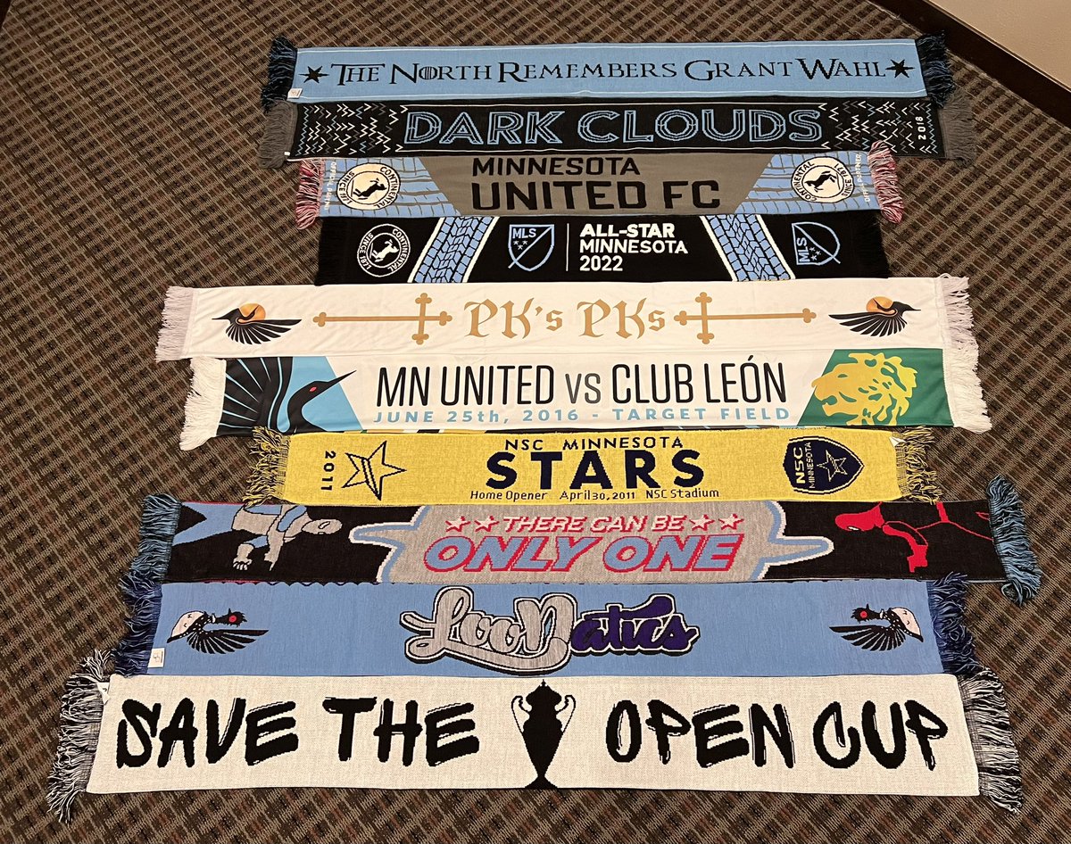 After a fun weekend up @allianzfield  with our friends in the @MNWonderwall my final weekend count for scarves is 10. Nine being @MNUFC ones most traded for and one gifted to me. YES I have a scarf problem!! 😂🤣🧣⚽️ #Scarfaddict #UpTheLoons #MNStars #SaveTheCuo #USOC2024