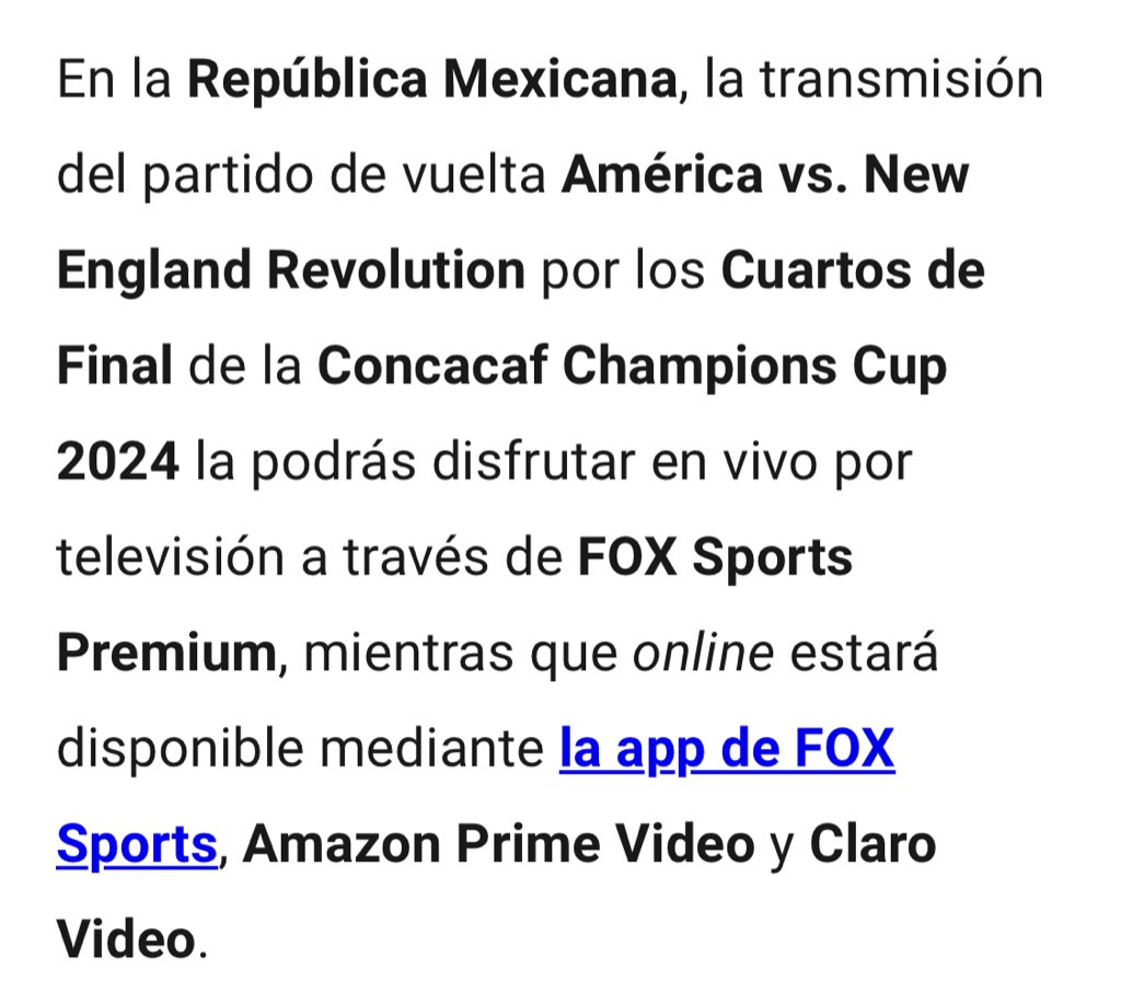 Ojo que en la página de Fox Sports dice que el partido de mañana de América vs New England va por Fox Sports Premium.🦅