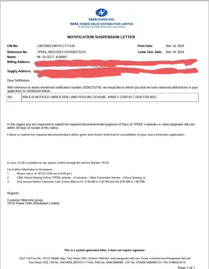 <a href="/tatapower_ddl/">Tata Power-DDL</a> Our connection was showing pending due to DDA NOC. Same was already issued by <a href="/official_dda/">Delhi Development Authority</a> under dispatch no. 245/15/3/2024. 
Still new connection is showing suspended. Can you plz urgently process our connection.