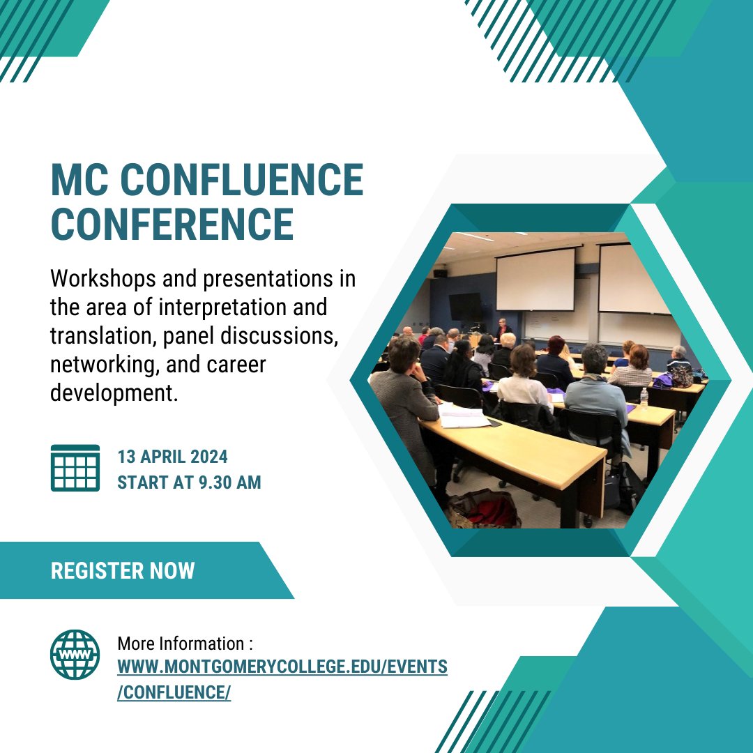 Join NCATA and @montgomerycollege for the MC Confluence Conference this Saturday, April 13, in Takoma Park/Silver Spring Campus, Maryland. 
Registration is free of charge. ATA-certified members can earn 5 CEPs by attending the one-day conference. #CPD #Translators #Interpreters