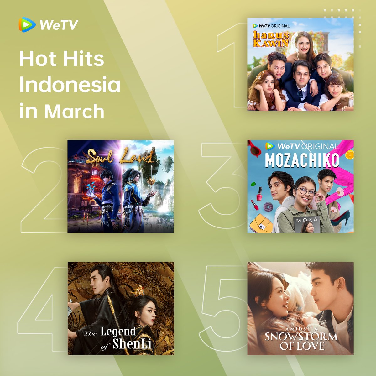 #WeTV Indonesia Hot Hits in March🔥

#MustGetMarried #WeTVOriginalHarusKawin
#SoulLand #斗罗大陆
#WeTVOriginal #Mozachiko
#TheLegendofShenLi #与凤行
#AmidstaSnowstormofLove #在暴雪时分

#WeTVRanking
#WeTVAlwaysMore