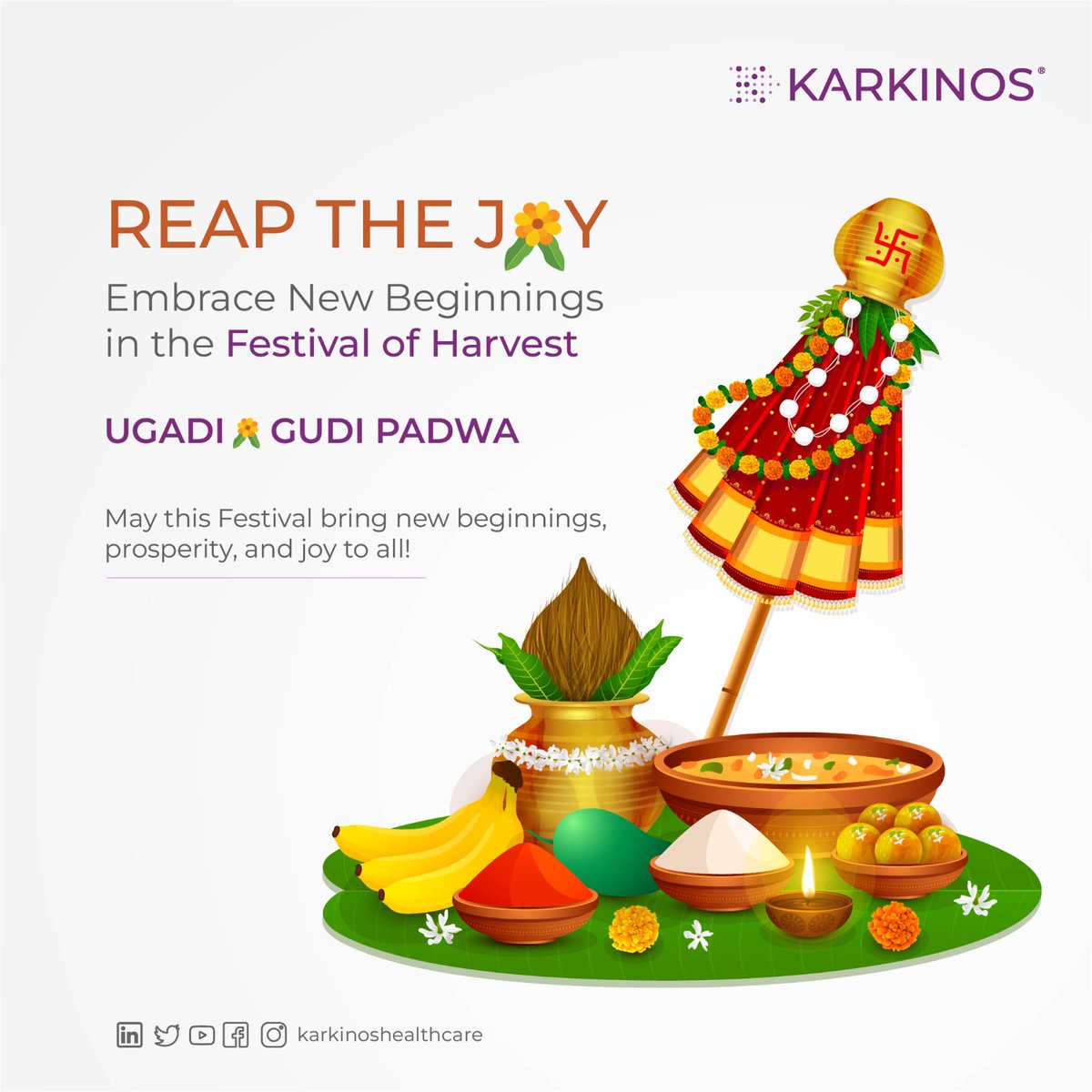 Embrace the spirit of abundance this Festival of Harvest with Karkinos Healthcare. Let's unite in our dedication to early cancer detection and compassionate care. Together, we sow seeds of hope for a future free of cancer's grip. #HappyUgadi #HappyGudiPadwa