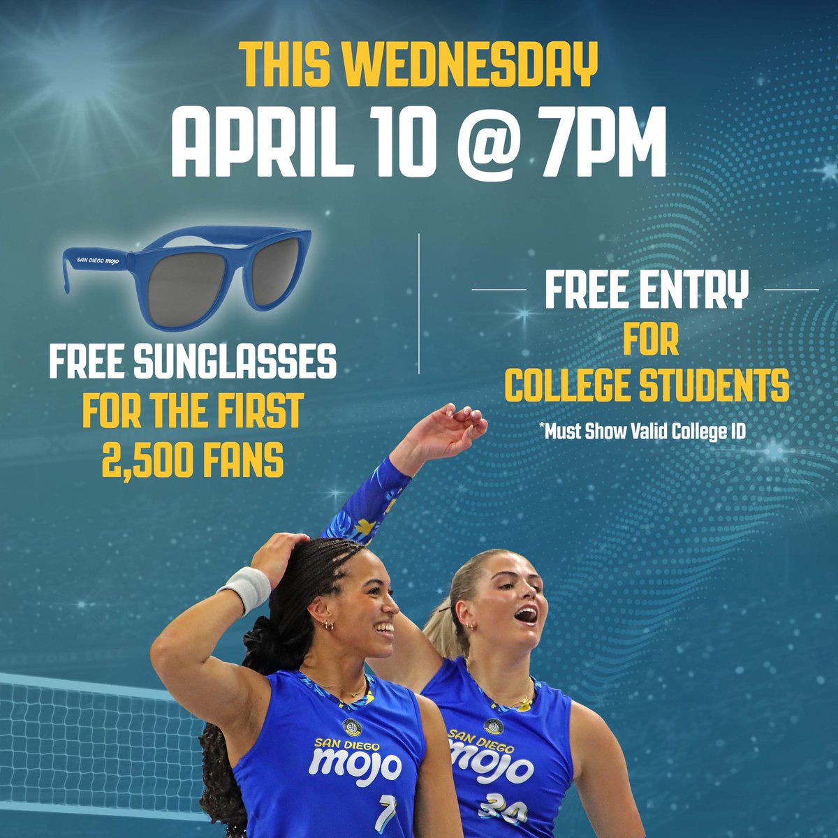 Join us at the April 10th home game at 7PM for College Night at @viejasarena! Bring your friends and a valid college ID for free entry. 😉 PLUS, whether you’re in college or not, you’ve got a chance to claim a special gift! See you at Viejas! SanDiegoMojoVb.com