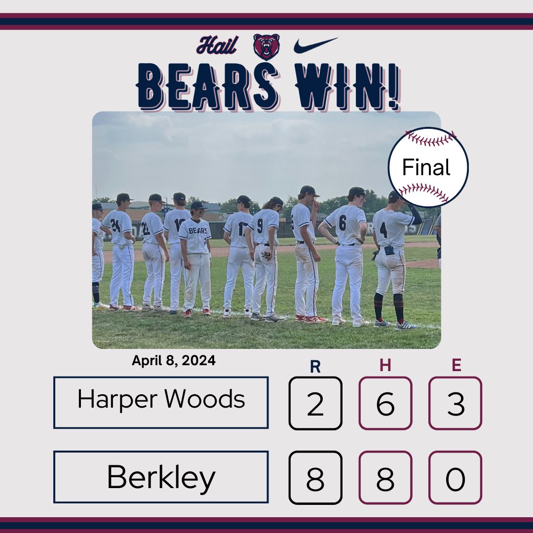 Berkley Baseball (@berkleybaseball) on Twitter photo Bears defeat Harper Woods 8-2 in their home/league opener.
<a href="/nickcampbell_35/">Nick Campbell</a> 2-2, 2RBI
<a href="/ethanroth2_/">Ethan Roth</a> 2-4 2B 2RBI
<a href="/thomas_dauphin1/">Thomas Dauphin</a> 1-3 2B
<a href="/BenjaminStree18/">Benjamin Streetman</a> 6.1 IP, 8K, 3BB, 6H
Congratulations as well to Ben Streetman on “eclipsing” the 100 strikeout milestone for his career! Bears defeat Harper Woods 8-2 in their home/league opener.
<a href="/nickcampbell_35/">Nick Campbell</a> 2-2, 2RBI
<a href="/ethanroth2_/">Ethan Roth</a> 2-4 2B 2RBI
<a href="/thomas_dauphin1/">Thomas Dauphin</a> 1-3 2B
<a href="/BenjaminStree18/">Benjamin Streetman</a> 6.1 IP, 8K, 3BB, 6H
Congratulations as well to Ben Streetman on “eclipsing” the 100 strikeout milestone for his career!