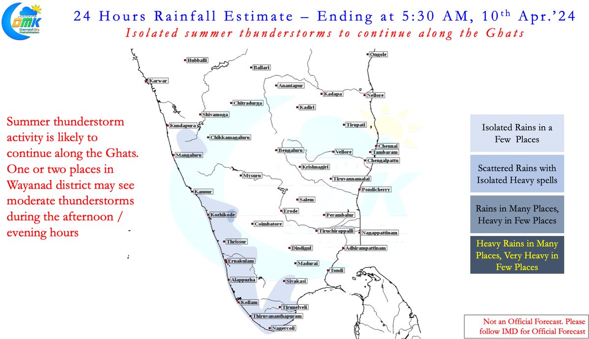 #WxwithCOMK 9th April'24 Update
After a few days of searing heat, temperatures are expected to appreciably reduce over most parts of Peninsular #India as #Summer2024 takes a small break of few days.  Few places in West #TamilNadu may see max of around 40°C. #Chennai and suburbs…