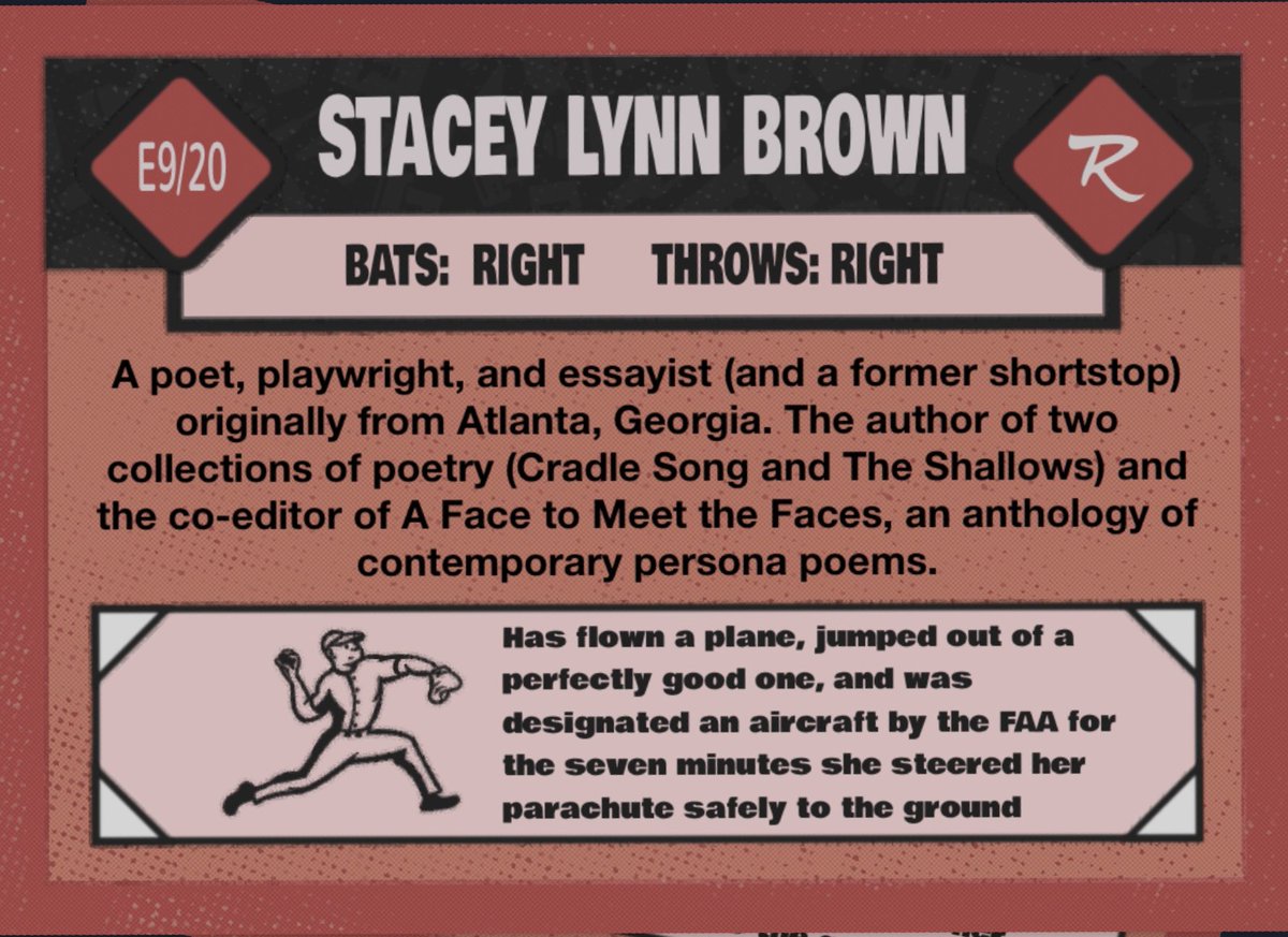 poetbaseball's tweet photo. Poet Baseball Cards
Series E Card #9/20

@staceylynnbrown is a poet, playwright, and essayist originally from Atlanta, Georgia. She is the author of Cradle Song and The Shallows and is the co-editor of A Face to Meet the Faces, an anthology of contemporary persona poems. https://t.co/MZkHIVXHmL