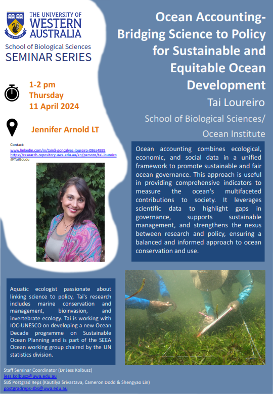 SEMINAR: Ocean Accounting- Bridging Science to Policy for Sustainable and Equitable Ocean Development by Tai Loureiro. Thursday 11 April @ 1-2pm, Jennifer Arnold Lecture Theatre, Zoology Building, UWA