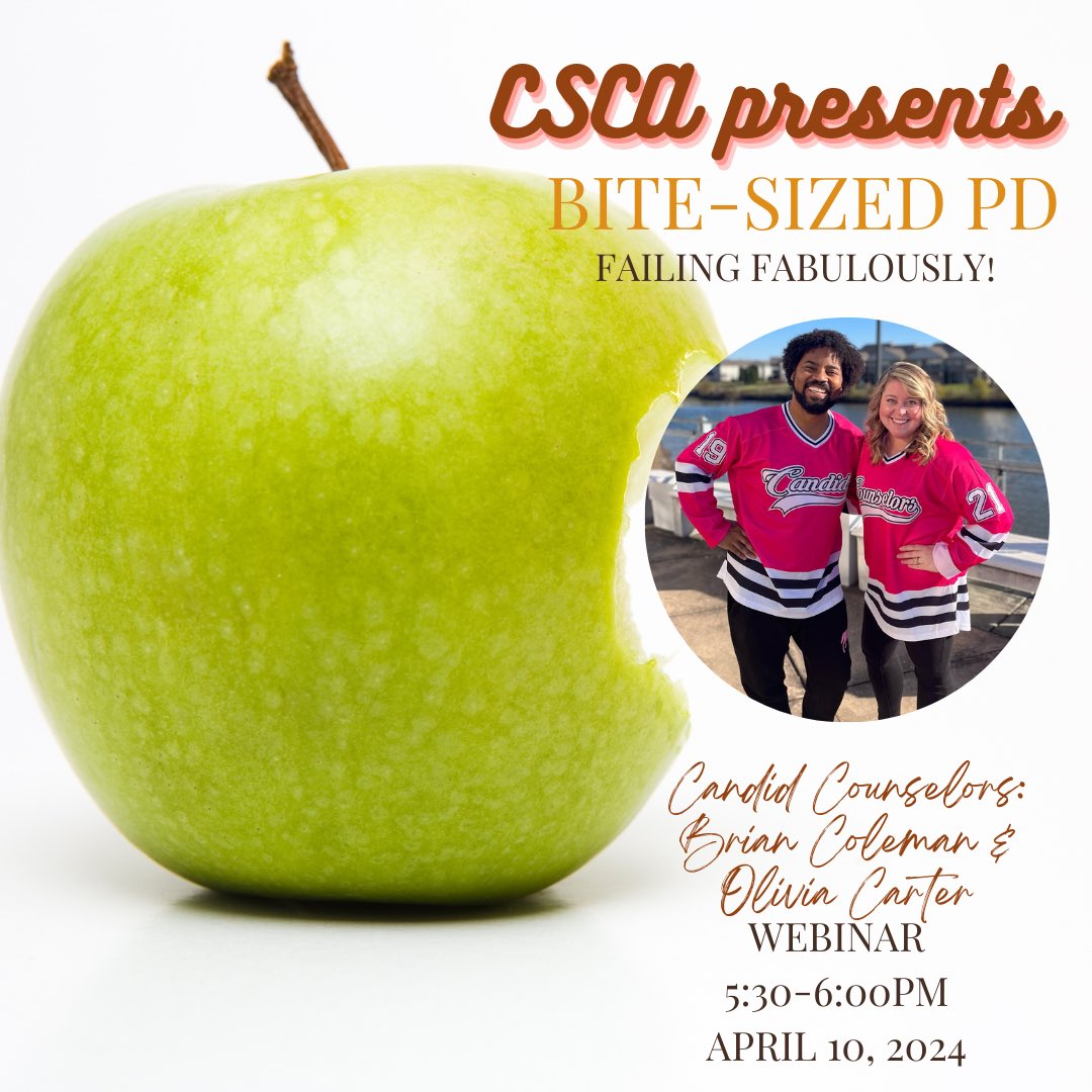 WeAreCSCA's tweet image. Join us for an exciting bite sized PD with TWO National School Counselors of the Year and the hosts of the Candid Counselors podcast, Brian Coleman and Olivia Carter! CSCA members must register by 3 pm on April 10 to receive the link to join! Link below!

docs.google.com/forms/d/1LMHbw…