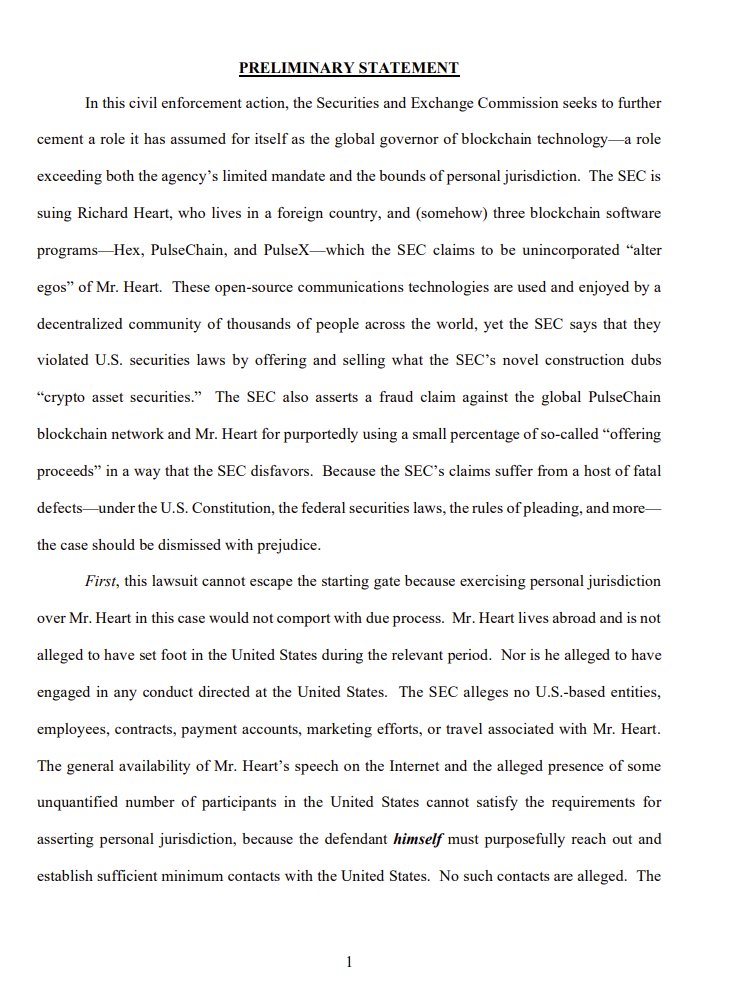 RichardHeartWin's tweet image. #Ethereum. 11 of my lawyers are fighting for your rights. They just filed this motion to dismiss with the SEC.  The fact pattern here seems superior to the fact patterns of other cases you see in the courts, and as such it's a wonderful place to make a stand! Check out the strong…