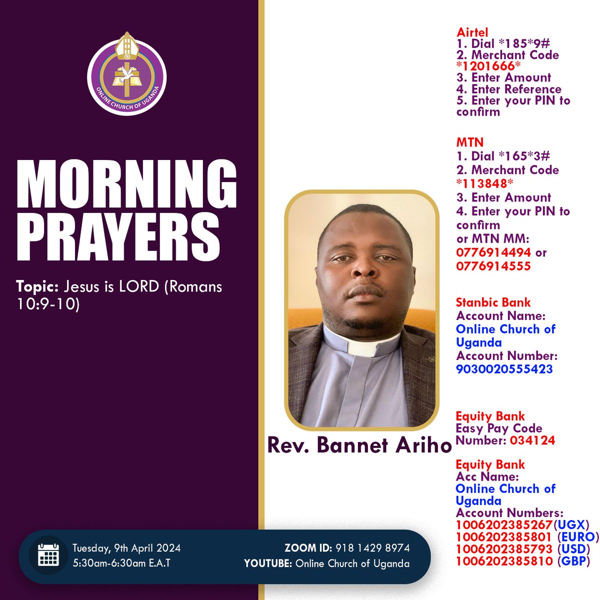 Morning Prayers. Click on Zoom link.zoom.us/j/91814298974 to join.