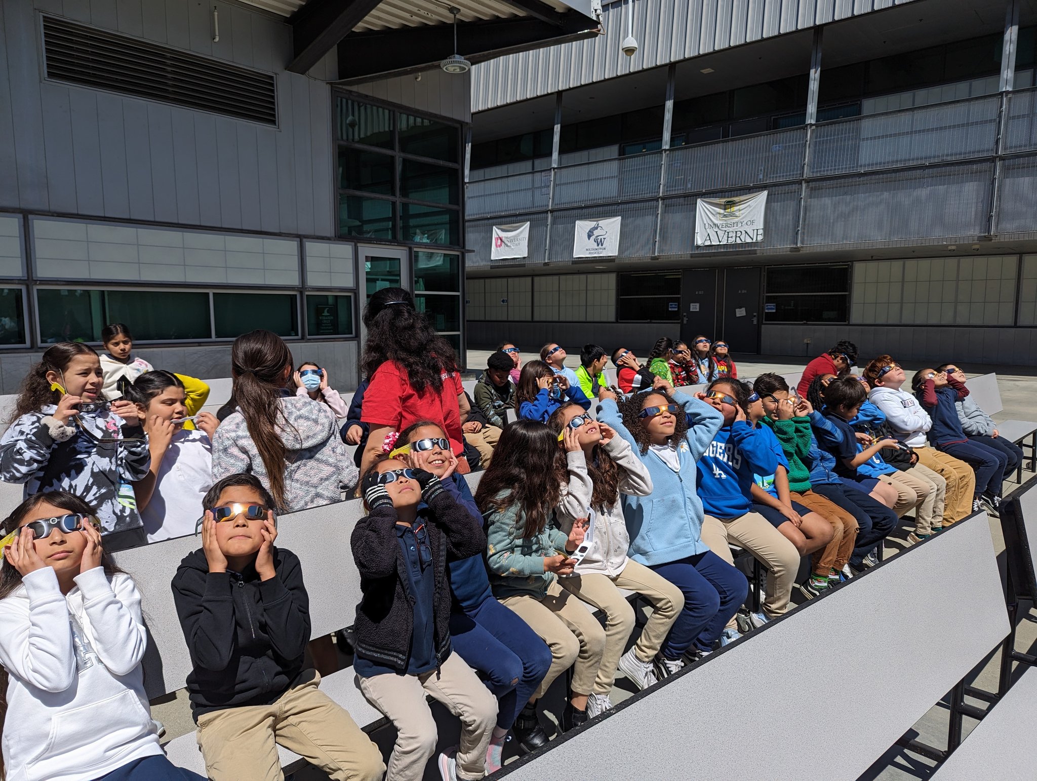 Student watching eclipse sitting on grass