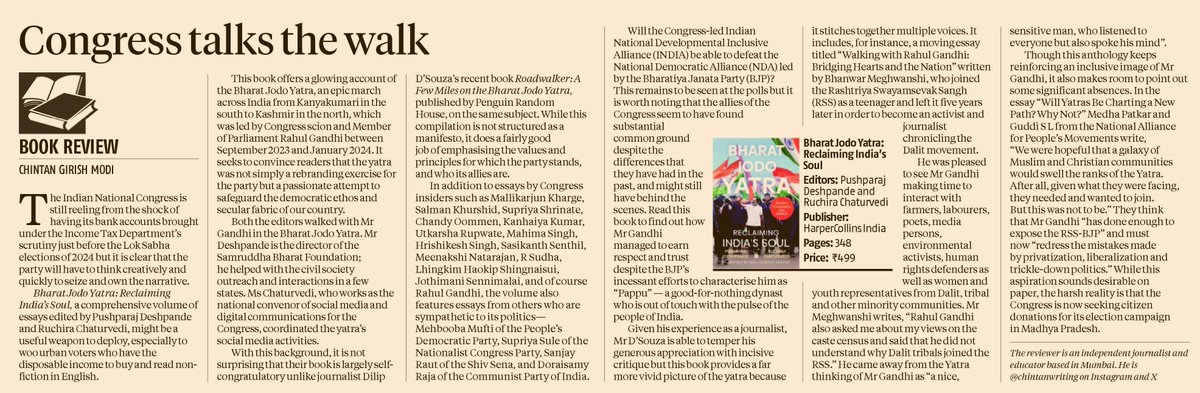 I reviewed @PushparajVD and @RuchiraC's book Bharat Jodo Yatra: Reclaiming India's Soul, published by @HarperCollinsIN, for @bsindia. Edits: Kanika Datta business-standard.com/book/congress-…