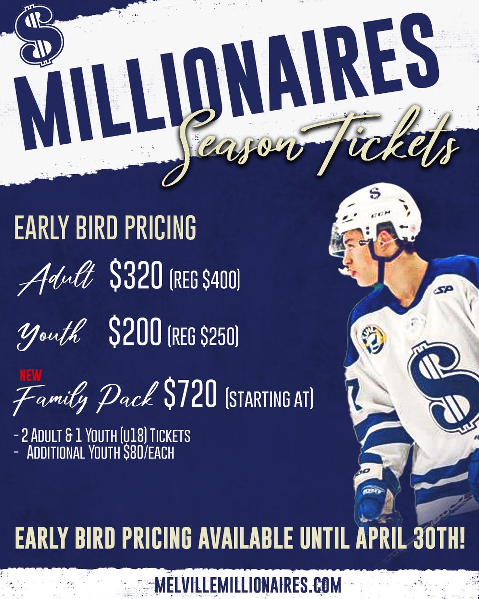 Mills fans! 2024/25 season ticket early bird pricing is now available! These prices are exclusive to the month of April so don’t wait til it’s too late! #sjhl #gomills #juniorhockey #cjhl