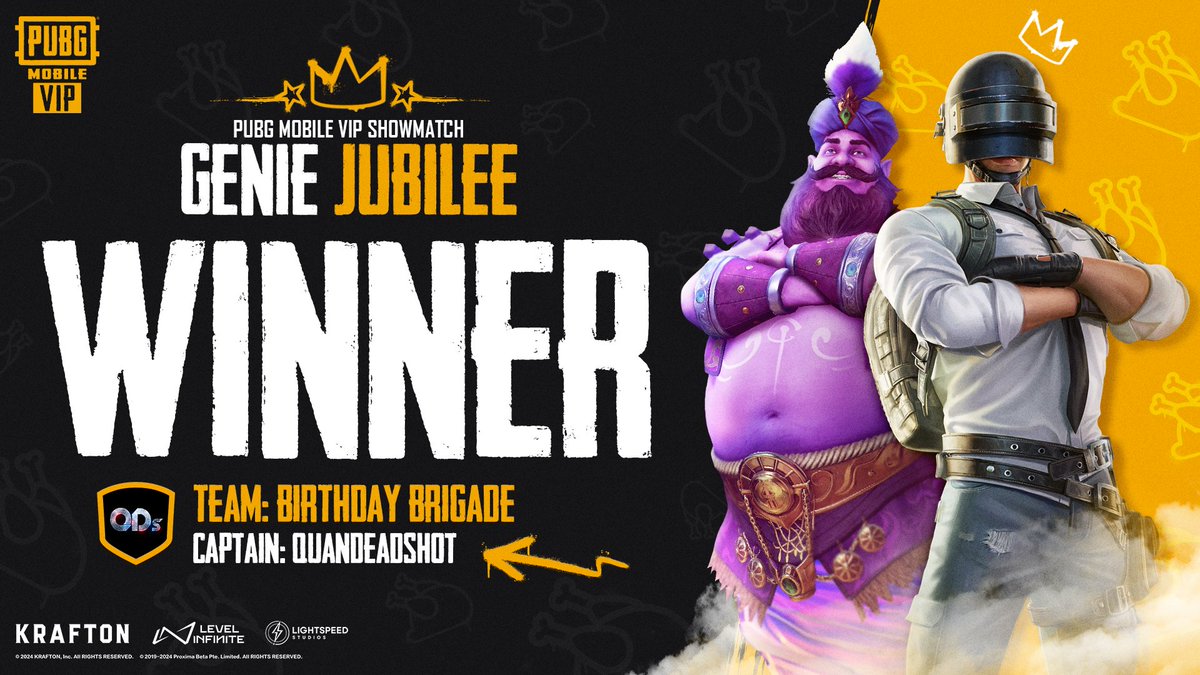 🏆 Congratulations to the Birthday Brigade🏆

They conquered the skies to claim victory and a share of the $6k USD prize pool in the PUBG MOBILE VIP Showmatch: Genie Jubilee event!

Stay tuned for future #PUBGMVIP showmatch events!

#PUBGMOBILE #GenieJubilee