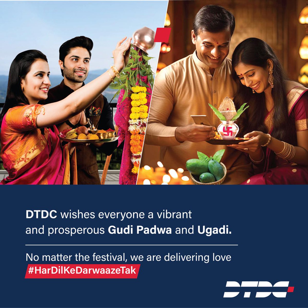 Wishing you a prosperous Gudi Padwa and Ugadi! This festive season, DTDC is delivering joy and happiness straight to your heart. Here's to new beginnings and delightful celebrations! 🌟🎊 #DTDC #GudiPadwa #Ugadi #FestiveDeliveries #LetsGrowTogether
