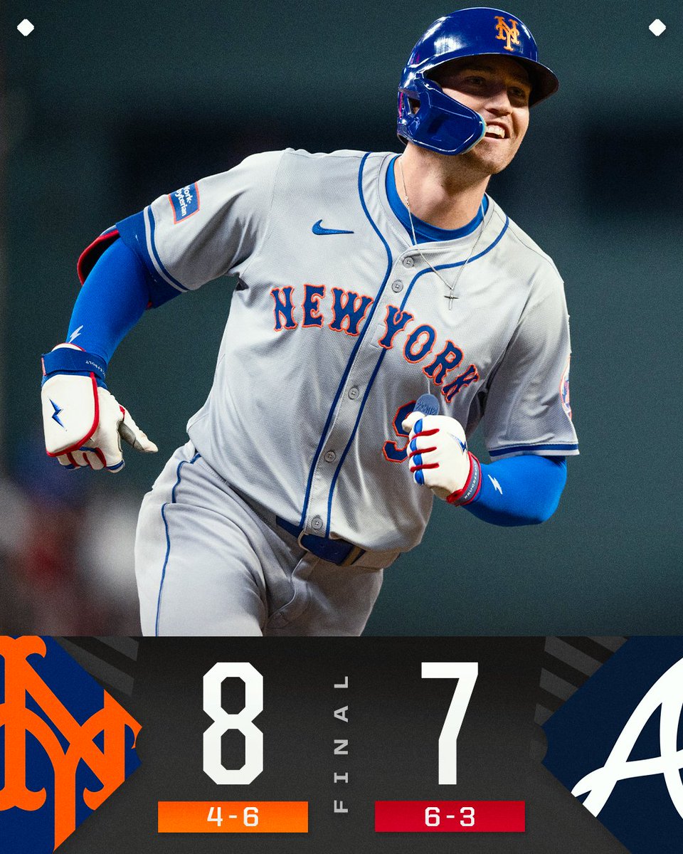 MLB's tweet photo. Brandon Nimmo slugs 2 homers and drives in 5 as the @Mets hang on in Atlanta! https://t.co/BZopejOcx5