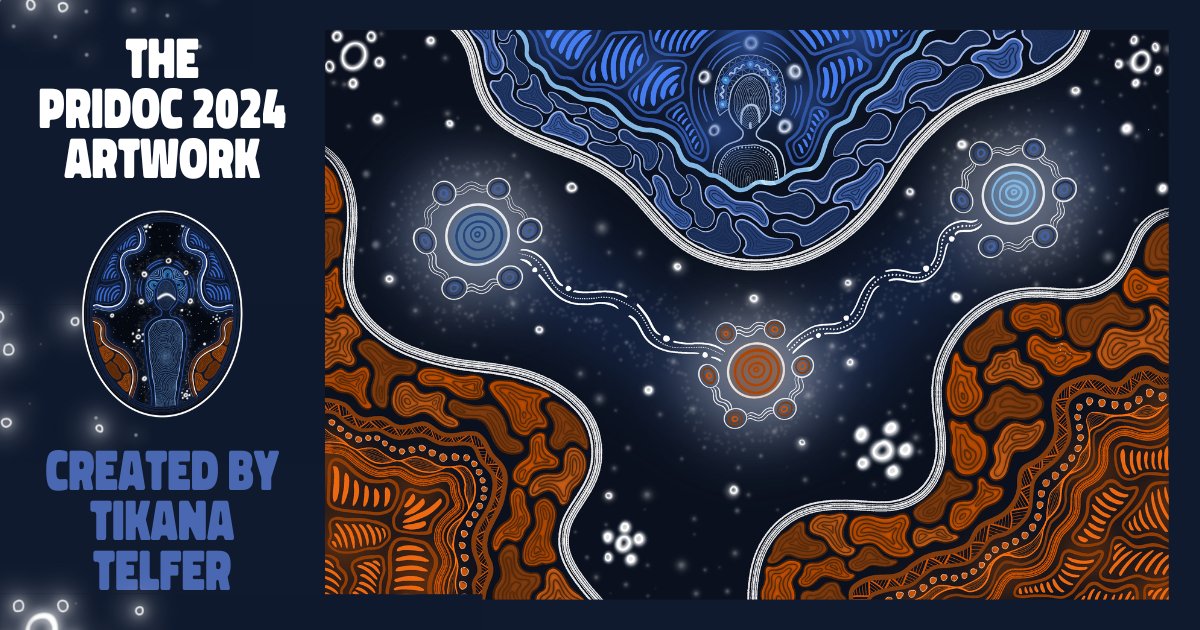 ⭐ PRIDOC 2024 ARTWORK STORY 🪐 'In the heart of the artwork, three circles stand proudly, each bearing the weight of profound significance...' 🖌️ Find out the meaning of the PRIDoC 2024 visuals by Kaurna woman, Tikana Telfer, in her artist statement: aida.eventsair.com/pridoc-2024/ab…