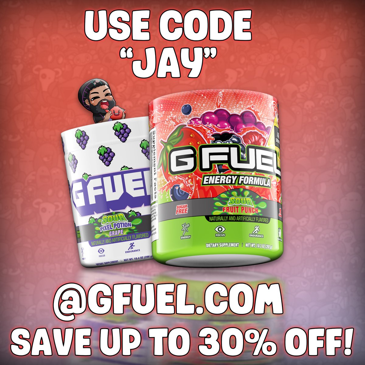 🍓UNLEASH THE #GFUEL SOUR🍇

We got 2 amazing Sour Flavors from @GFuelEnergy dropping today!👀

Sour Fruit Punch & Pixel Potion are here to knock your tastebuds into a sour, yet energizing trance!😱

Make sure you guys use code 'JAY' to save 30% off on the #GFUELSour flavors!🤝