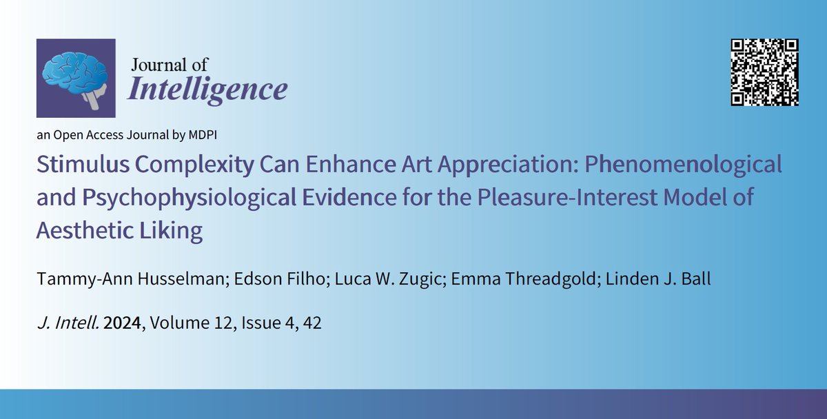Journal of Intelligence (@jintell_mdpi) on Twitter photo Street art of increasing complexity enhances aesthetic liking and flow feelings and is associated with changes in alpha activity in brain regions linked to visual attention and distraction avoidance.
Read the paper here: doi.org/10.3390/jintel…
<a href="/LindenBall/">Linden Ball</a> @UCLan <a href="/UofGlasgow/">University of Glasgow</a> Street art of increasing complexity enhances aesthetic liking and flow feelings and is associated with changes in alpha activity in brain regions linked to visual attention and distraction avoidance.
Read the paper here: doi.org/10.3390/jintel…
<a href="/LindenBall/">Linden Ball</a> @UCLan <a href="/UofGlasgow/">University of Glasgow</a>