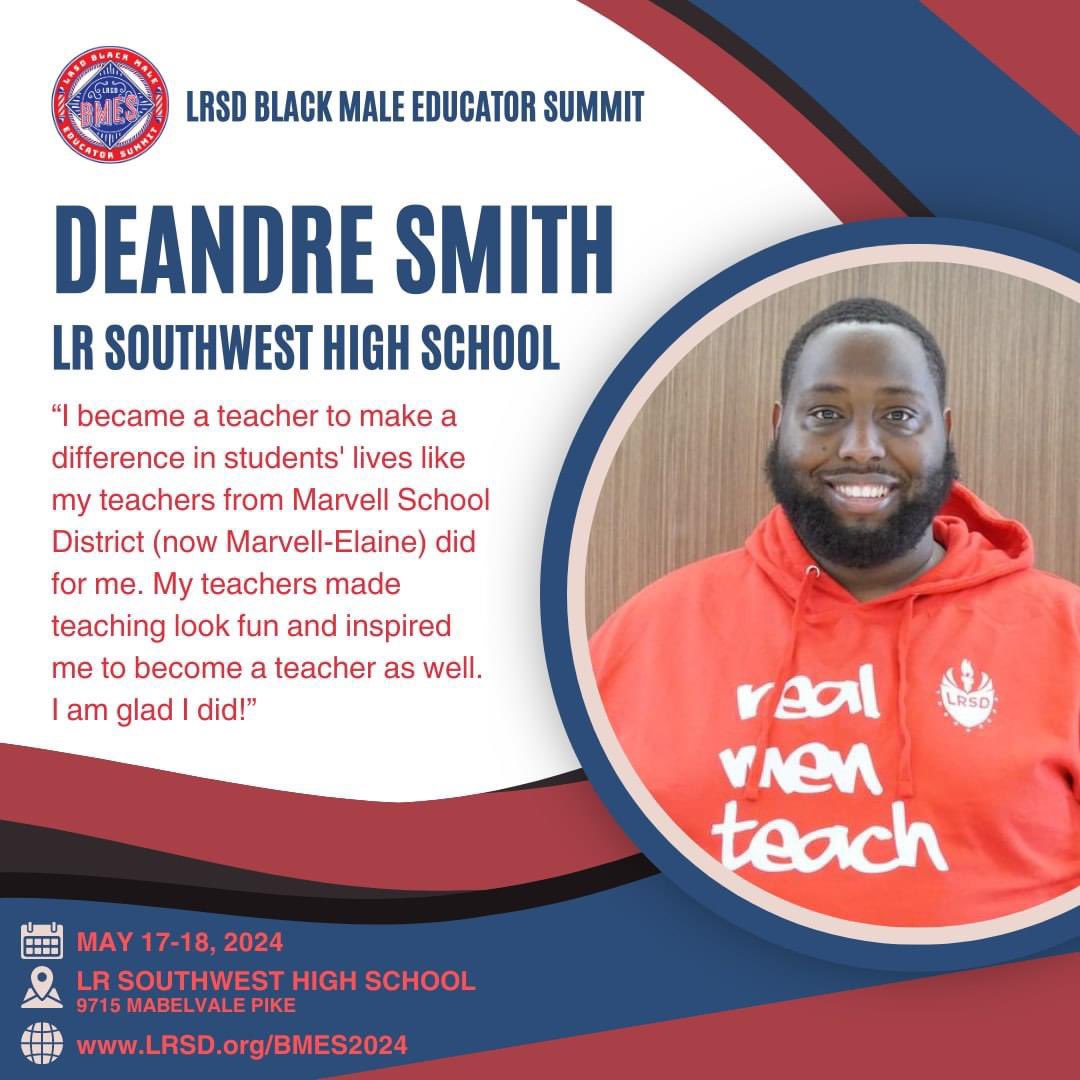 🌟 Meet Deandre Smith, @HallMagnetLRSD!🌟 Smith shares his passion for the profession. Don't forget, registration now open for inaugural LRSD Black Male Educator Summit! First 250 receive invitation to opening reception. Fee: $27 Register: lrsd.org/BMES2024.