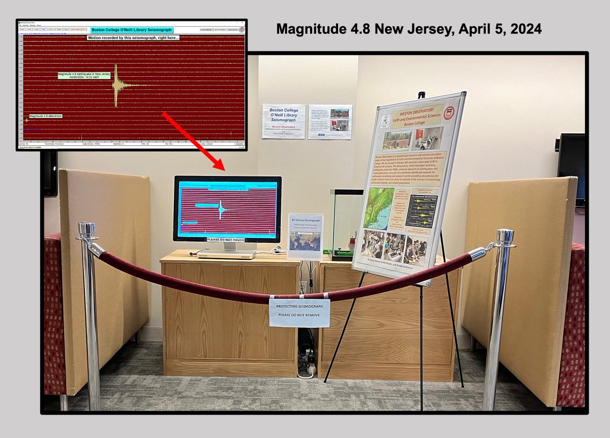 The magnitude 4.8 earthquake in New Jersey, recorded at Boston College O'Neill Library seismograph display. @BCEarthScience @ONeillLibrary @BostonCollege