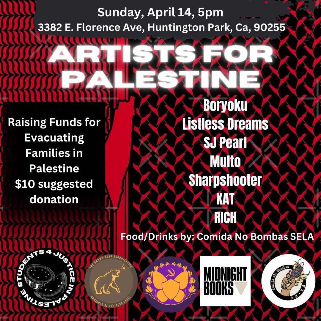 This Sunday! Stoked for this! Artists for Palestine with a mix of hardcore, punk, folk and indie, food from Comida No Bombas and all proceeds going to evacuating folks from Palestine