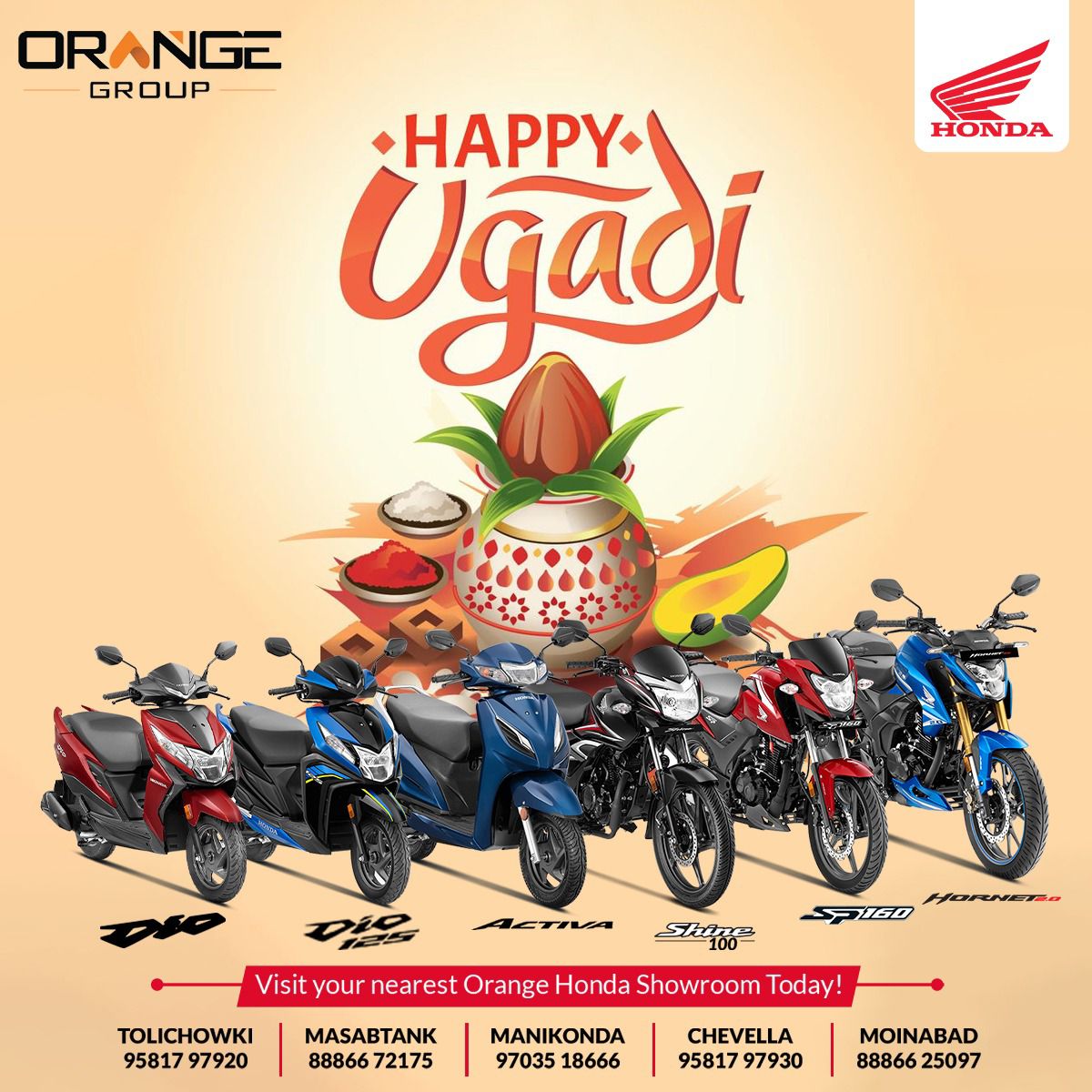 #OrangeHonda #honda #Honda2Wheeler #hondaactiva #HondaShineSP #HondaDeals #Hyderabad #Holidays #UgadiFestival