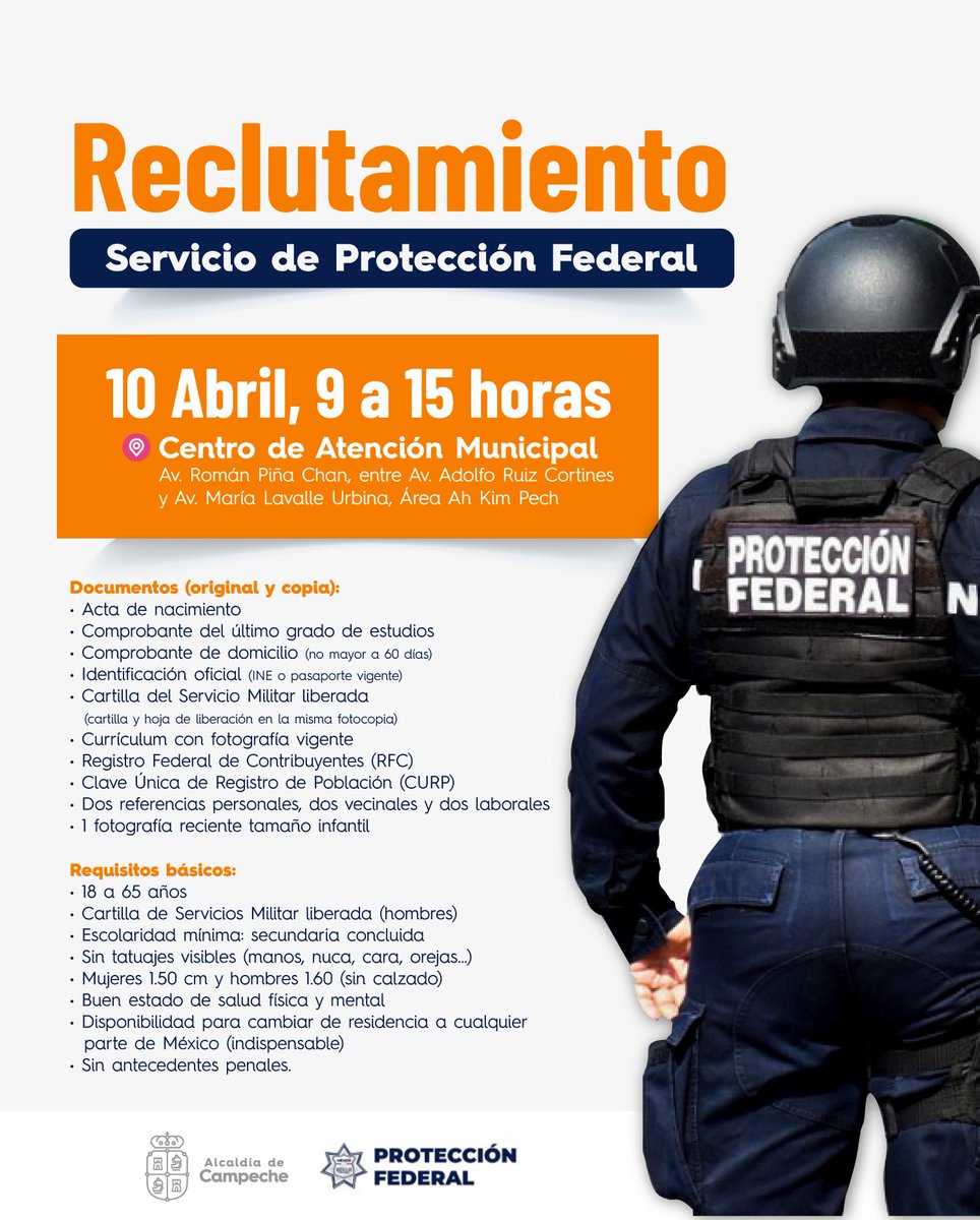 ➡️ Vacante para formar parte del Servicio de Protección Federal 👮🏻‍♀️👮🏻‍♂️

Reclutamiento: 
📍Centro de Atención Municipal. 
📆 10 de abril. 
⏰ 9:00 a.m. a 3:00 p.m.