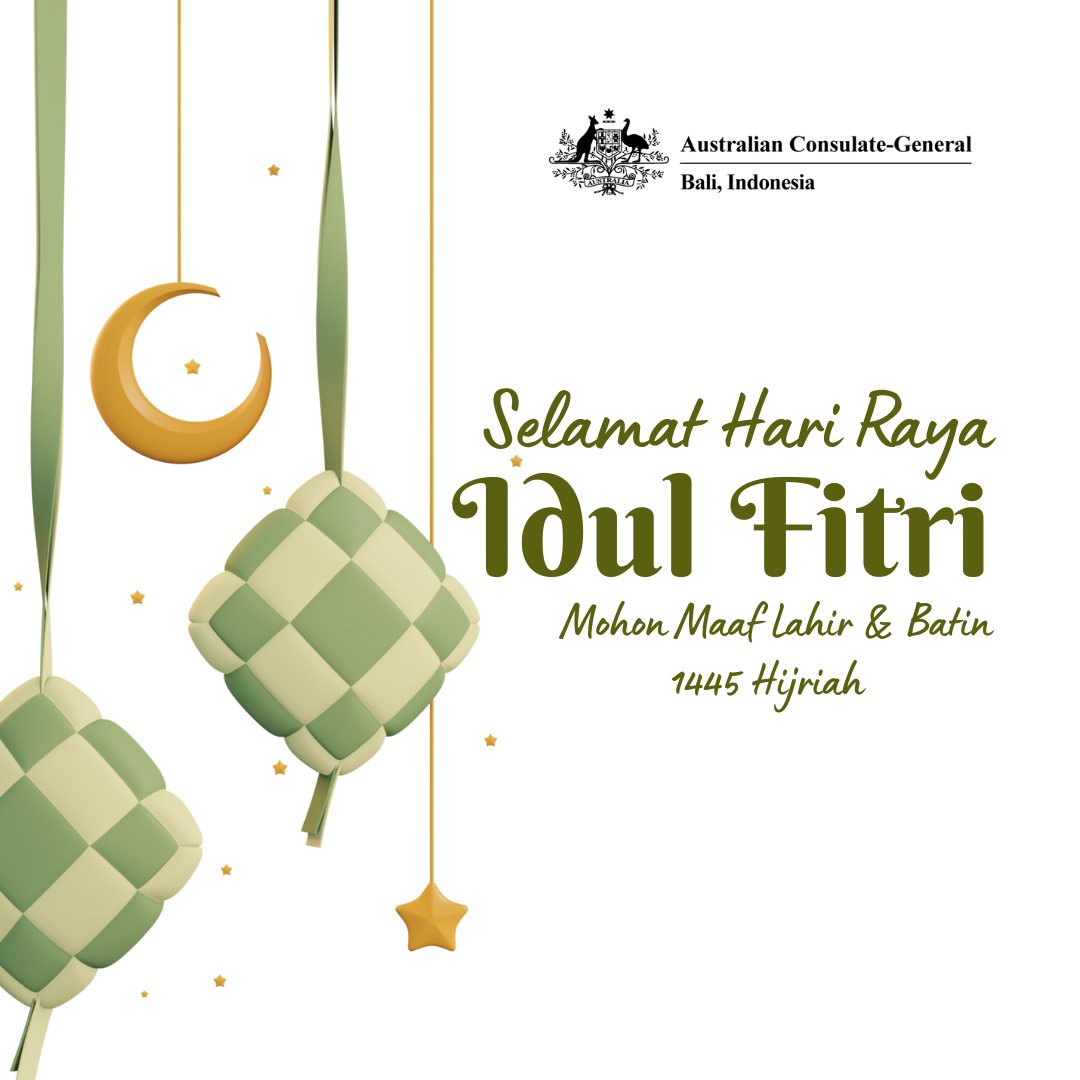 Eid Mubarak from all of us at the Australian Consulate-General in Bali 🙏 -- Selamat Hari Raya Idul Fitri dari kami semua di Konsulat-Jenderal Australia di Bali. Mohon maaf lahir dan batin 🙏