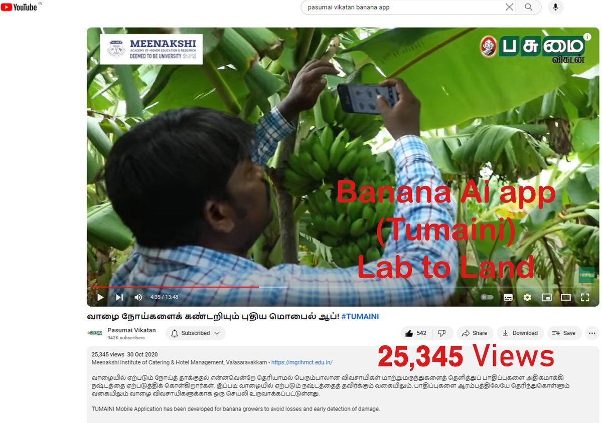 Lab to Land and More downloaders  ! Thanks to Tamil Nadu top most Agriculture magazine You tube channel  to telecasted the technology demonstration of  Banana AI app (Tumaini) views  25k.
<a href="/BiovIntCIAT_eng/">Alliance of Bioversity International and CIAT</a> <a href="/BiovIntCIAT_Lib/">Bioversity International & CIAT Library</a> <a href="/CGIAR/">CGIAR</a> <a href="/MICHAELSELVARA7/">MICHAEL GOMEZ SELVARAJ - Phenomics Lab</a>