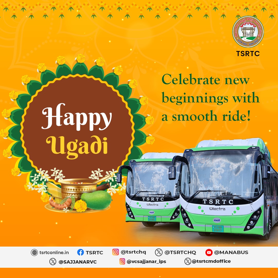 TSRTC wishes you a very Happy Ugadi. May your year be filled with journeys as joyful as the festivities. . . #tsrtc #tsrtcbuses #publictransport #ugadi2024 #telugunewyear #publictransportation #transportation #transport